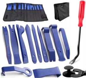 Set 12 unelte pentru demontare tapiterie auto, extractoare clipsuri si ornamente, plastic si metal, albastru, cu husa pentru organizare