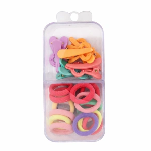 Set 18 elastice par 1.5 cm si 5 cleme 3 cm model iepuras, cutie organizator transparenta, multicolor - Img 1
