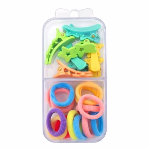 Set 18 elastice par 1.5 cm si 5 cleme mini model steluta, cutie organizator transparenta, multicolor - Img 3