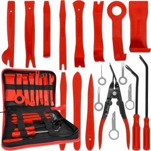Set 19 unelte pentru demontare tapiterie auto, extractoare clipsuri si conectori, din nylon si metal, cu husa pentru depozitare