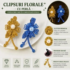 Set 2 agrafe de par aurie si bleu 5 x 2 cm, model floral metalizat, accesorii moderne pentru coafuri elegante - Img 4