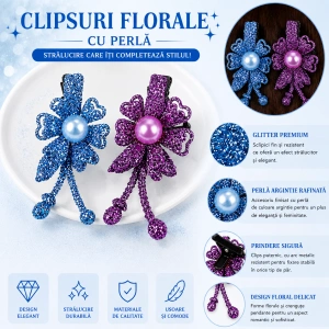 Set 2 agrafe de par mov si bleu 5 x 2 cm, model floral metalizat, accesorii elegante pentru coafuri feminine - Img 4