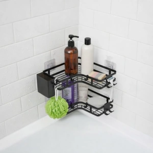 Set 2 rafturi de colt, autoadezive, pentru baie, suport si carlige pentru accesorii incluse, otel inoxidabil, 23.8 x 23.8 x 4 cm/24.8 x 24.8 x 5 cm, negru - Img 10