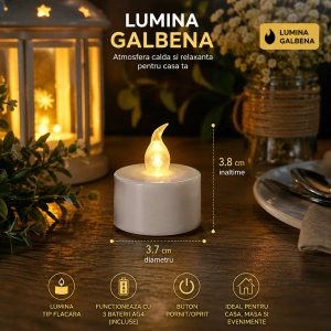 Set 4 lumanari decorative LED albe 3.7 x 3.8 cm, lumina galbena, flacara din plastic transparent, baterii AG4 incluse, pentru petreceri si decor interior - Img 4