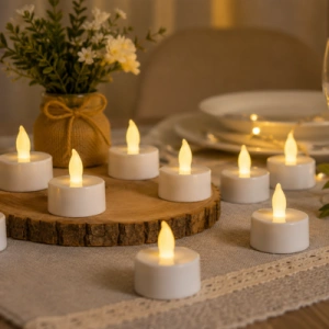 Set 5 lumanari decorative LED albe 4.1 x 3.9 cm, iluminare galbena, efect flacara, 15 baterii LR41 AG3 incluse, pentru decor mese, sarbatori si evenimente - Img 3