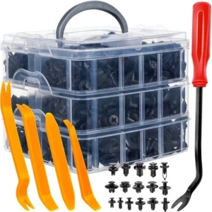 Set 620 clipsuri universale auto, 5 chei extractoare, 16 tipuri de pini, 18 dimensiuni diferite, plastic, negru, cutie depozitare - kit complet pentru reparatii si fixari auto