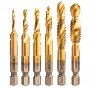 Set burghie cu tarod HSS TiN auriu M3 - M10, 6 buc, HEX 6.35 mm, pentru gaurire, filetare si debavurare in metal, aluminiu, plastic si lemn - Img 1