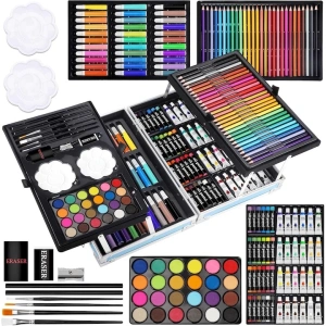 Set de desen si pictura pentru copii, 145 piese, valiza portabila din metal cu sertare, creioane, markere, acuarele, pasteluri, pensule si accesorii, organizare completa, albastru - Img 3