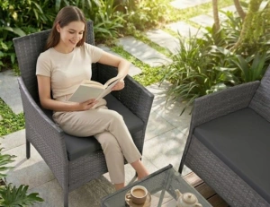 Set mobilier gradina technoratan 4 piese, canapea 2 locuri, 2 fotolii, masa cu blat sticla si perne gri inchis - Img 6
