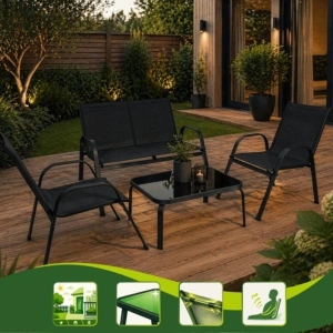 Set mobilier gradina, terasa, balcon, canapea 2 locuri, masa, 2 scaune, metal/sticla, negru - Img 8