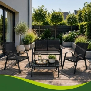 Set mobilier pentru balcon si terasa, canapea 2 locuri, 2 scaune si masuta cu blat din sticla securizata, cadru metalic, negru - Img 6