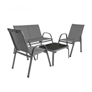 Set mobilier pentru balcon si terasa, canapea 2 locuri, 2 scaune si masuta cu blat din sticla securizata, cadru metalic, gri - Img 9