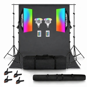 Set studio iluminare cu 2 softbox, 2 becuri LED RGB 50W, black screen, clame pentru panza, geanta transport