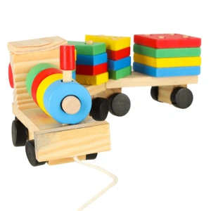 Trenulet de jucarie, locomotiva cu 2 vagoane, lemn, forme geometrice, 30 x 9 x 6 cm, multicolor - Img 4