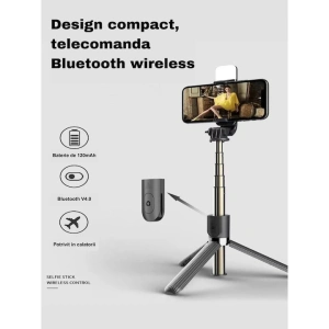 Trepied selfie stick 3in1, rotire 360 grade, lumina LED, telecomanda bluetooth inclusa - Negru - Img 5