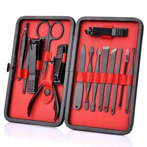 Trusa de unghii, 15 piese - manichiura si pedichiura profesionala, cu instrumente din otel inoxidabil, penseta, instrument pentru puncte negre si curatare auriculara, clutch din piele ecologica negru
