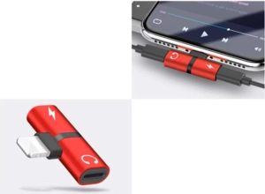 Adaptor Lightning 2 in 1, rosu, splitter pentru incarcare si casti audio, conector dual compact pentru telefon, utilizare simultana audio si alimentare - Img 3