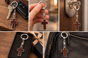 Breloc religios cruce din lemn cu contur metalic si inel rotativ, accesoriu crestin pentru chei sau rucsac, design compact - Img 2