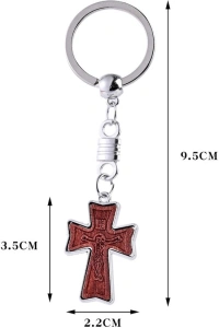 Breloc religios cruce din lemn cu figurina Isus, breloc crestin cu inel metalic pentru chei, accesoriu spiritual compact - Img 7
