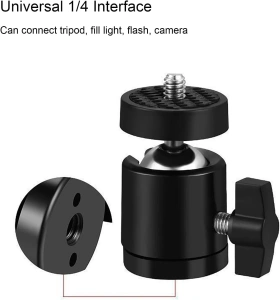 Cap sferic mini rotativ 360 grade cu prindere 1/4 pentru trepied, suport aluminiu pentru lumina LED, microfon, camera video si telefon - Img 2