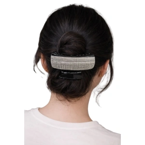 Clema par eleganta neagra cu cristale argintii stralucitoare, model lat, prindere puternica, arc metalic rezistent, pentru coafuri sofisticate - Img 2