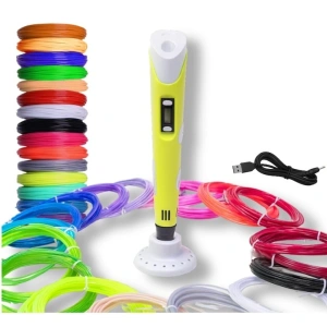 Creion 3D galben alb cu filament 1.75 mm, 20 culori incluse 110 m, compatibil PLA si ABS, ecran LCD, temperatura reglabila 60-230°C, motor metalic, duza ceramica, alimentare USB