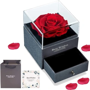 Cutie de bijuterii cu trandafir criogenat, 1 sertar, punga de cadou si felicitare, 11 x 9 x 9 cm, neagra - eleganta si emotie intr-un singur cadou