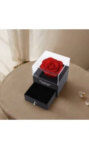 Cutie de bijuterii cu trandafir criogenat, 1 sertar, punga de cadou si felicitare, 11 x 9 x 9 cm, neagra - eleganta si emotie intr-un singur cadou - Img 11