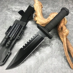 Cutit vanatoare tactic militar cu teaca multifunctionala, otel 420J2, lama fixa 31 cm, ascutitor, amnar si fluier incluse - Img 5