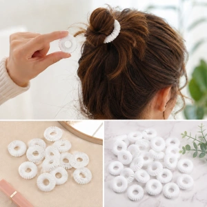 Elastice albe pentru par, set 20 buc, diametru 2.5 cm, model spiralat reutilizabil, accesorii elastice pentru coc, coada si impletituri - Img 5