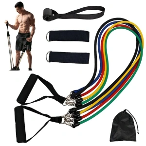 Extensor cu 5 benzi elastice de rezistenta pentru antrenament fitness, accesorii incluse, benzi din latex cu intensitati diferite, manere antiderapante, prindere la usa, saculet transport, 110 cm, mul - Img 9