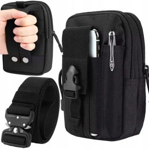 Geanta tactica neagra 18 x 12 x 6 cm, cu centura tactica reglabila, sistem Molle, poliester Oxford, catarama metalica cu eliberare rapida, EDC, unisex - Img 11