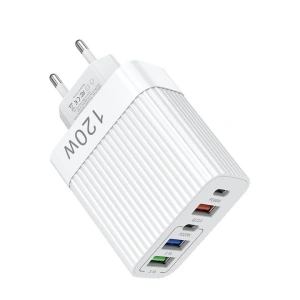 Incarcator retea 120W USB-C si USB-A 5 porturi fast charge PD universal telefon tableta alb lucios compact