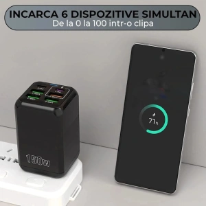 Incarcator retea 150W USB-C si USB-A 6 porturi fast charge cu display LED universal telefon laptop negru compact - Img 4