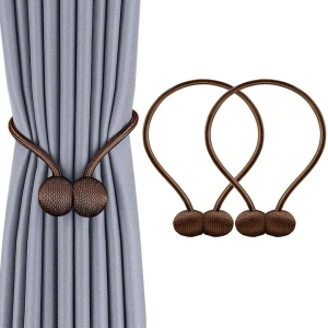 Kit 2 suporturi magnetice pentru perdele si draperii, snur decorativ impletit, magnet puternic, 44 cm, maro ciocolatiu, reutilizabile - Img 2