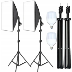 Kit iluminare foto-video cu 2 softbox-uri profesionale, lumina naturala 5500K, becuri 30W, stative 95-200 cm, negru