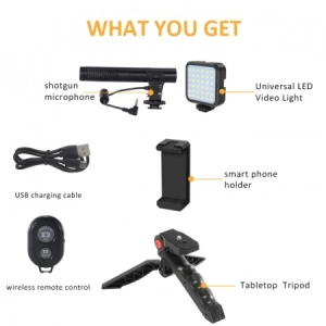 Kit profesional pentru vlogging,trepied,suport telefon,microfon,mini panou LED + telecomanda Bluetooth - Img 2