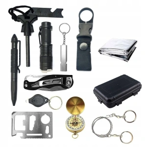 Kit supravietuire 13 in 1 pentru camping si urgente, trusa compacta cu busola, lanterna, cutit pliabil, laser si accesorii outdoor - Img 3
