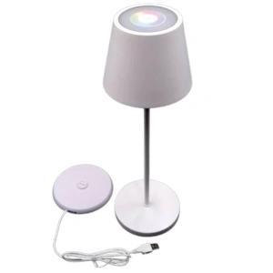 Lampa de masa LED RGB alba cu control tactil, baterie reincarcabila, 8 culori + 18 LED alb cald, IP44, incarcare USB, autonomie pana la 16 ore