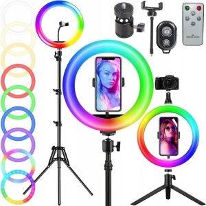 Lampa inelara LED RGB 26 cm cu doua trepiede, suport telefon si telecomanda, iluminare reglabila, inaltime 220 cm, USB 5V