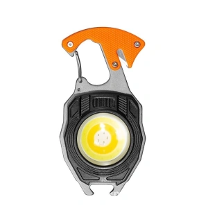 Lanterna multifunctionala, pentru camping, breloc, fluier, bricheta, surubelnita, desfacator sticle, reincarcabila USB-C, aluminiu/ABS, portocaliu