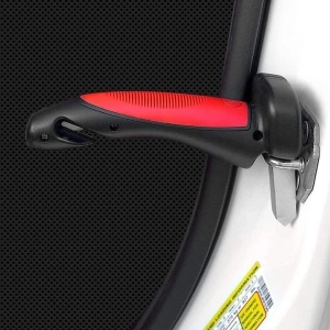 Maner auto 4 in 1 pentru siguranta masina, ciocan geam cutter centura lanterna LED si sprijin, rosu negru - Img 2