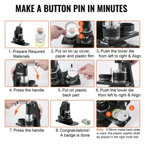 Masina 2 in 1 de facut insigne, include matrite 32 mm si 58 mm, kit complet 500 piese, maner ergonomic, ideal pentru branding, scoli, ateliere creative si proiecte DIY - Img 6