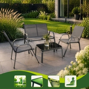 Mobilier de gradina, set 2 scaune, canapea 2 locuri, masa, cadru metalic, blat sticla, rezistent exterior, gri - Img 7