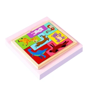 Puzzle 3D pentru copii, tip tetris, model animale, educativ, lemn, 7 piese, 16 x 13.5 x 1 cm, multicolor, +4 ani
