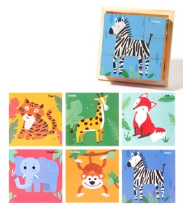 Puzzle educativ din lemn cu 9 cuburi rotative, 6 imagini cu animale salbatice, joc Montessori pentru copii 4-6 ani, 11 x 11 x 3.2 cm, Multicolor