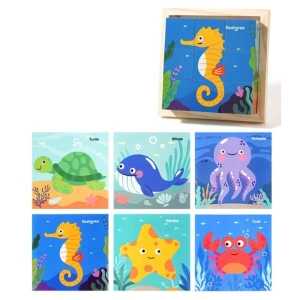 Puzzle educativ din lemn cu 9 cuburi si 6 imagini, animale marine, joc Montessori pentru copii 4-6 ani, 11 x 11 x 3.2 cm, multicolor
