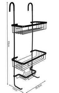 Raft suspendat negru 63 x 28,5 x 14 cm, 3 polite, aluminiu, fara gaurire, organizator pentru cabina de dus cu ventuza de stabilizare - Img 2