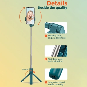 Selfie stick 3 in 1, brat extensibil, trepied, telecomanda bluetooth, rotire 360 grade - Negru - Img 5