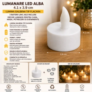 Set 10 lumanari LED albe 4.1 x 3.9 cm, iluminare galbena cu efect de flacara, 30 baterii LR41 AG3 incluse, pentru amenajari interioare, mese si aniversari - Img 5